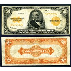 U.S. Gold Certificate, $50, 1922 Fr#1200 Large S/N Issued Banknote.