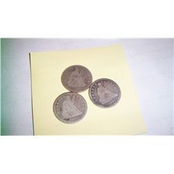THREE 1891 SEATED LIBERTY SILVER QUARTERS