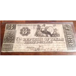 Uncirculated 1840 Republic Of Texas $3 Bill,Extremely Rare, Cut-Cancelled