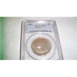 1839 SEATED LIBERTY DRAPERY SILVER HALF DOLLAR, PCGS AU-50