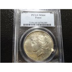 1921 SILVER PEACE DOLLAR, PCGS MS-64