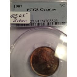 1907 INDIAN HEAD PENNY, MS-65 PCGS GRADED GENUINE