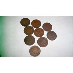 10 INDIAN HEAD PENNIES, 1890 AND UP