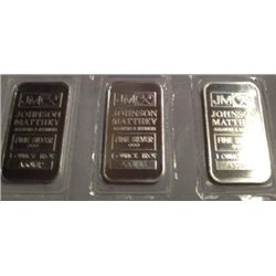 3 ONE OZ .999 PURE SILVER JOHNSON MATTHEY BARS