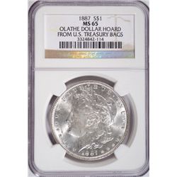 1887 MORGAN DOLLAR OLATHE HOARD FROM U.S.TREASURY NGC MS 65 GEM