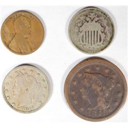 Collector lot:1851 large penny VG-1911S cent good-1866 nickel good-1912 nickel