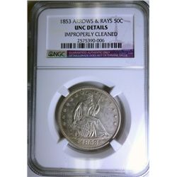 1853 ARROWS AND RAYS SEATED HALF DOLLAR NGC UNC CLEANED. A NICE MS63 COIN