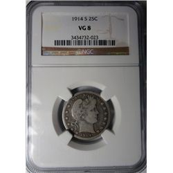1914-S BARBER QUARTER NGC VG 8
