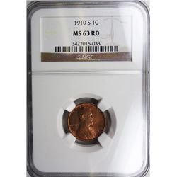 1910-S LINCOLN WHEAT ONE CENT MS63 RED, NICE!