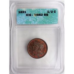 1851 1/2 CENT ICG MS62 RB VERY NICE