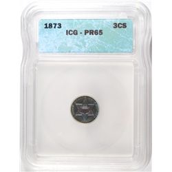 1873 THREE CENT SILVER ICG PROOF65, GEM! SUPERB COLOR! RARE, LOW MINTAGE PROOF