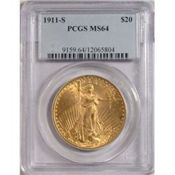 1911-S $20 St Gaudens Gold PCGS MS-64