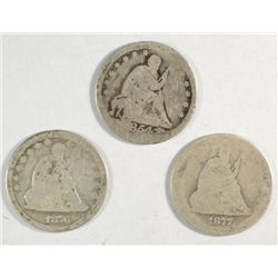 3 SEATED LIBERTY QUARTERS 1876, 77, 54. ALL LOW GRADE BUT WITH READABLE DATES