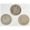 Image 1 : 3 SEATED LIBERTY QUARTERS 1876, 77, 54. ALL LOW GRADE BUT WITH READABLE DATES