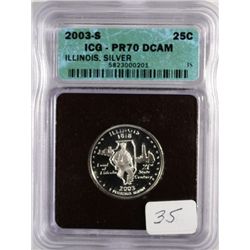 2003-S SILVER ILLINOIS STATE QUARTER ICG PROOF 70 DCAM