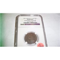 1853 SEATED LIBERTY SILVER QUARTER, ARROWS+RAYS, NGC AU DETAILS