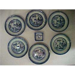 Six Canton 7" Plates, Small Square Butter Pat