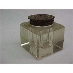 Cut Glass Square Inkwell, Enameled Gilt Metal Lid