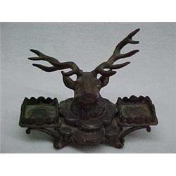 Spelter Double Inkwell Holder With Elkhead Center Decoration