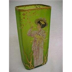 Green Satin Glass Rectangular Vase, Hand Painted Woman With Flowers