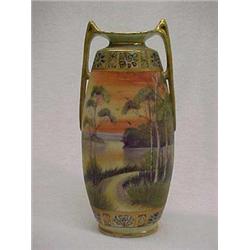 Nippon Hand Painted Handled Vase in Ovoid Form