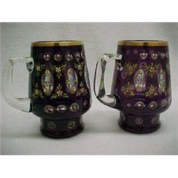Two Amethyst Cut to Clear Mugs, Gilt & Enameled Decoration