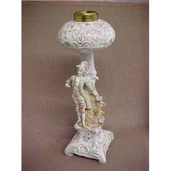 16" Porcelain Banquet Oil Lamp with Figurine of Man at Fence