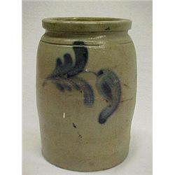 Salt glazed crock with blue mark, tulip and leaf design