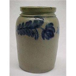 Salt glaze crock with blue mark tulip decoration