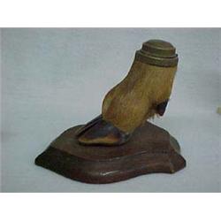 Deer hoof inkwell with hinged metal lid and glass insert