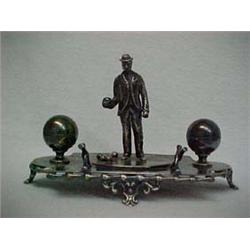 Silver Plated Double Inkstand, Bocce Ball Theme With Man