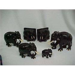 Set of 4 Rosewood Walking Elephant Figurines & Pair Elephant Bookends
