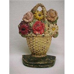 Cast iron flower basket doorstop, unmarked, original paint