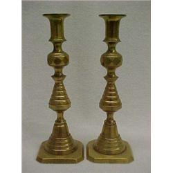 Pair of English Brass Beehive Push-up Candlesticks
