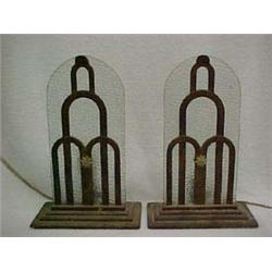 Pair of Art Deco Metal Lamps, Textured Glass Inserts