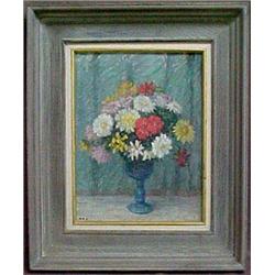 Framed oil on board, floral still life, signed R.A.S.