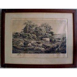 Framed P. Moran Engraving, Cows & Sheep in Pasture