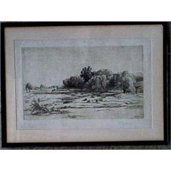 Framed etching of landscape with cows and water signed P. Moran