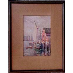 Framed watercolor of boats at dock, signed J. A. Cook