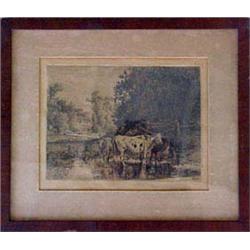 Framed etching "Neshaminy Creek" (cows), signed P. Moran