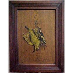 Framed oil on oak panel, still life with dead game birds