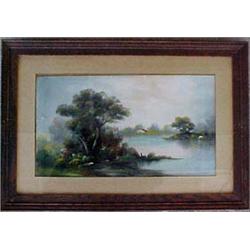 Framed pastel, landscape with lake and house
