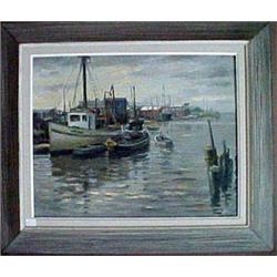 Framed oil on canvas, boats at dock, signed F. C. Herbst