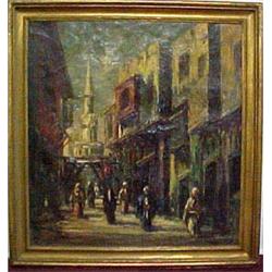 Framed oil on canvas, street scene signed L. Gechtoff