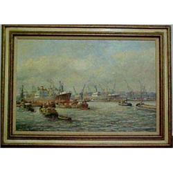 Framed oil on canvas, river scene with boats, signed Puschaik, Jr.