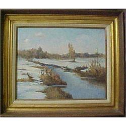 Framed oil on canvas landscape with stream, signed Fam Sklanar