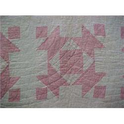 Hand stitched patchwork quilt pink on cream, geometric pattern