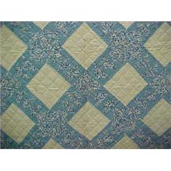 Hand stitched patchwork quilt, blue & white, geometric pattern,