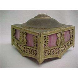 Square metal lamp shade with pink slag glass inserts