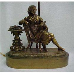 Brass figural lamp, seated gentleman in chair with table